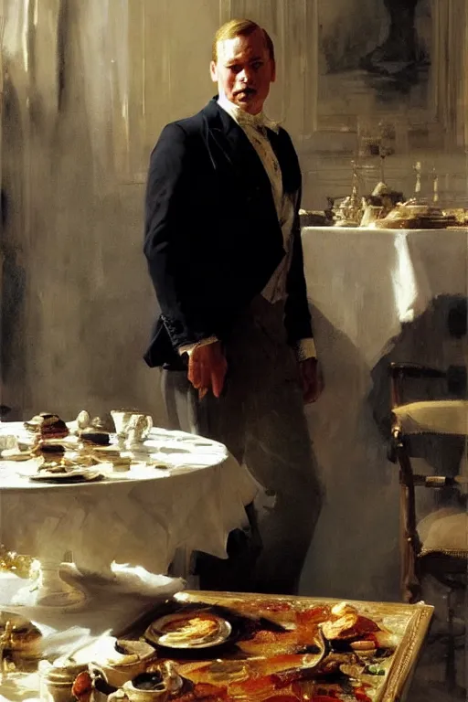 Image similar to portrait of a respectable dignified royal business elite politician standing on top of a finely set table calmly stepping in the food art by anders zorn, wonderful masterpiece by greg rutkowski, beautiful cinematic light, american romanticism by greg manchess, jessica rossier