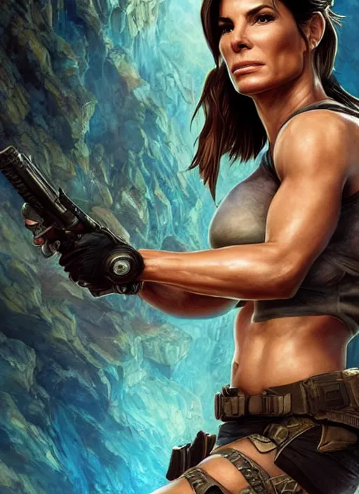 Image similar to muscled Sandra Bullock as Lara Croft as a ruggedly handsome heroine looking directly into the camera, jumping off a glowing artifact lodged in shallow blue glowing water, intricate, elegant, highly detailed, artstation, concept art, smooth, sharp focus, illustration, bokeh art by artgerm and donato giancola and Joseph Christian Leyendecker, WLOP, fireflies, distant snowstorm and thunder