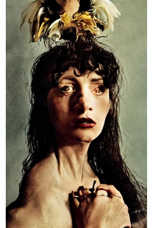 Image similar to hyperrealism close - up fashion portrait by roversi photo from the holy mountain by alejandro jodorowsky in style of francisco goya