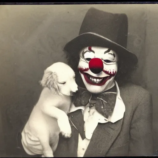 Image similar to Old polaroid photo of a Clown-Vampire with cute puppy