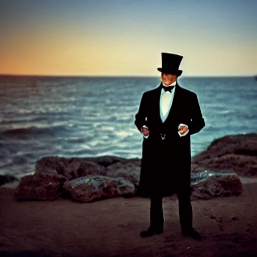 Prompt: the godfather wears a top hat. 5 0 mm, cinematic, technicolor. sea and beach and a man in the background. sunset lighting