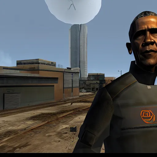 Image similar to screenshot of half - life 2 city 1 7 videogame featuring obama wearing combine uniform