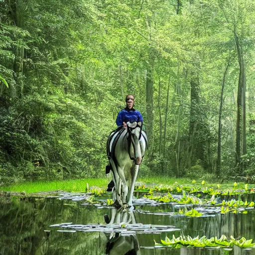 Prompt: A photo of an astronaut riding a horse in the forest. There is a river in front of them with water lilies.