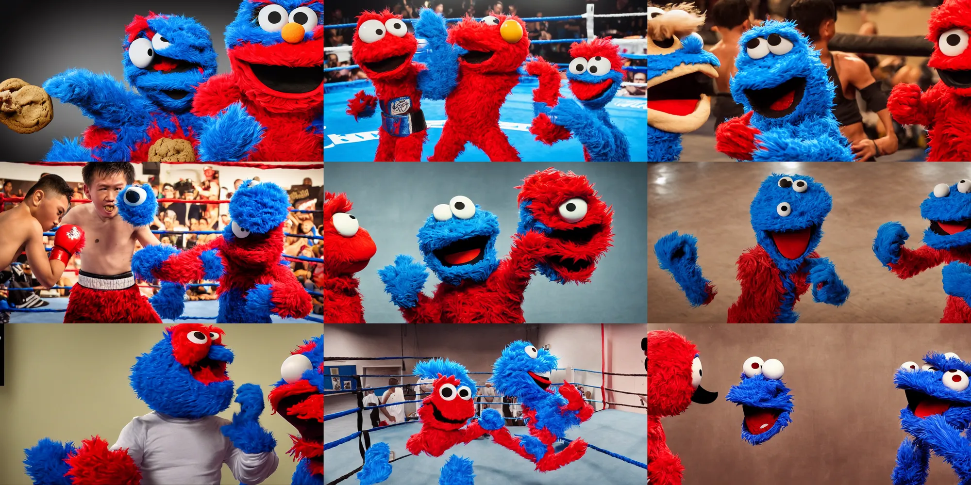 Prompt: scared elmo boxing cookie monster, muay thai match, 4 k, realistic, film still from the movie, wide lens