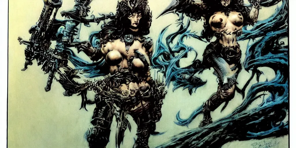 Image similar to female death dealer by frank frazetta, fully colored, hyperdetailed