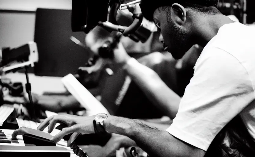 Image similar to frank ocean making music in the studio, greyscale