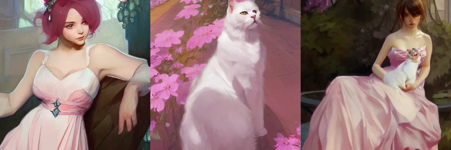 Prompt: white cat in a pink dress, digital painting, artstation, concept art, smooth, sharp focus, illustration, art by Artgerm and Greg Rutkowski and Alphonse Mucha