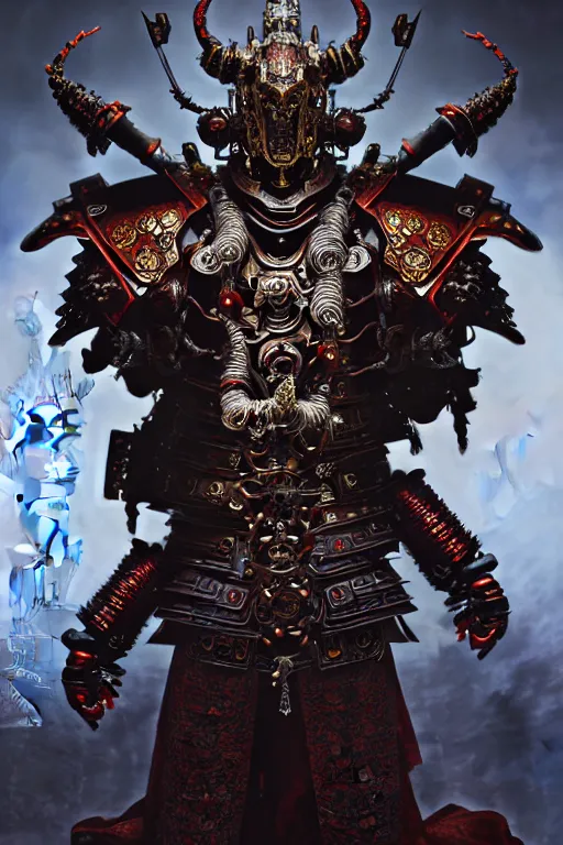 Image similar to asura from chinese myth, ancient japanese samurai, luxurious armor mixed with leather and metal, gothic diablo art, rococo art, cyberpunk, mecha, halfturn portrait of a big crystal face made of crystals half - turn, ominous, intricate, studio, art by anthony macbain + greg rutkowski + alphonse mucha, concept art, 4 k, sharp focus