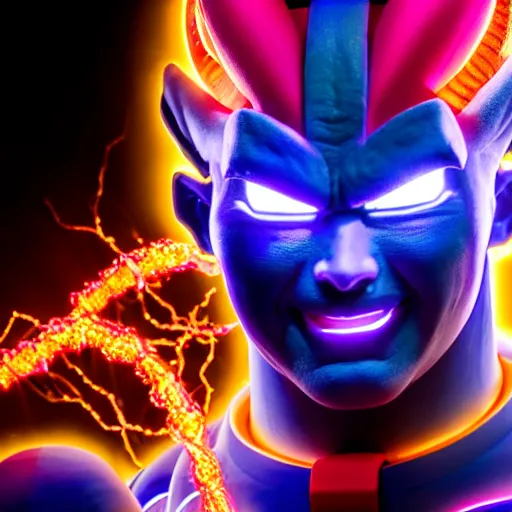 Prompt: uhd candid photo of cosmic mecha freiza powering up, glowing, global illumination, studio lighting, radiant light, hyperdetailed, correct face, elaborate intricate costume. photo by annie leibowitz