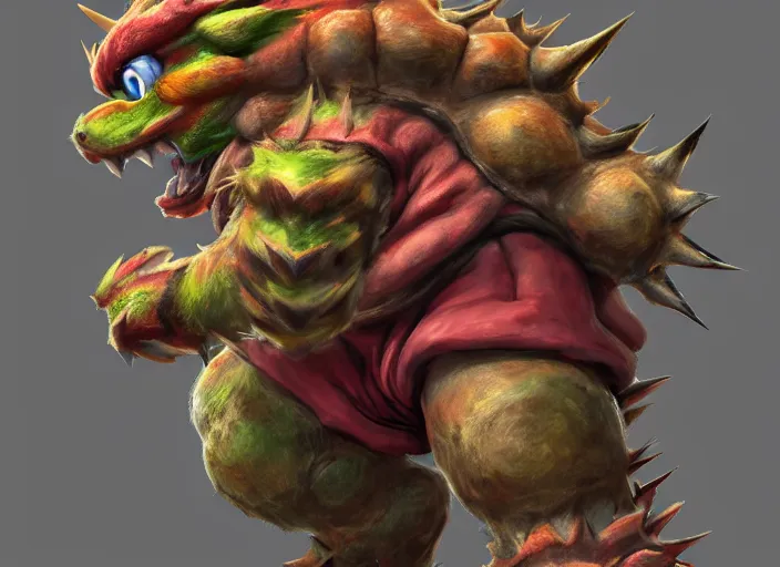 Image similar to detailed concept art of a huge giant bowser by cheng yi and luolin, aartstation, artstationhd, detailed scales, spiky and red hair tuft green scales. bowser, bowser nintendo, koopa, ~ bowser # bowser ( ( mario ) ) bcy. net, realistic. cheng yi, fire breathing. bowser