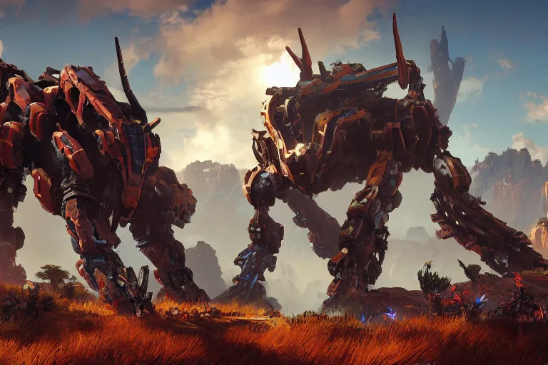 Image similar to ravager machine mecha animal beast robot of horizon forbidden west horizon zero dawn bioluminiscence global illumination ray tracing hdr fanart arstation by sung choi and eric pfeiffer and gabriel garza and casper konefal