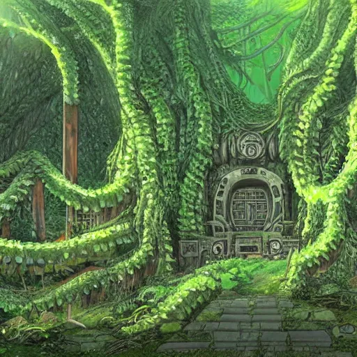 Image similar to hyper-detailed concept art for an ancient underground shrine with lots of vines and moss growing by masashi kishimoto