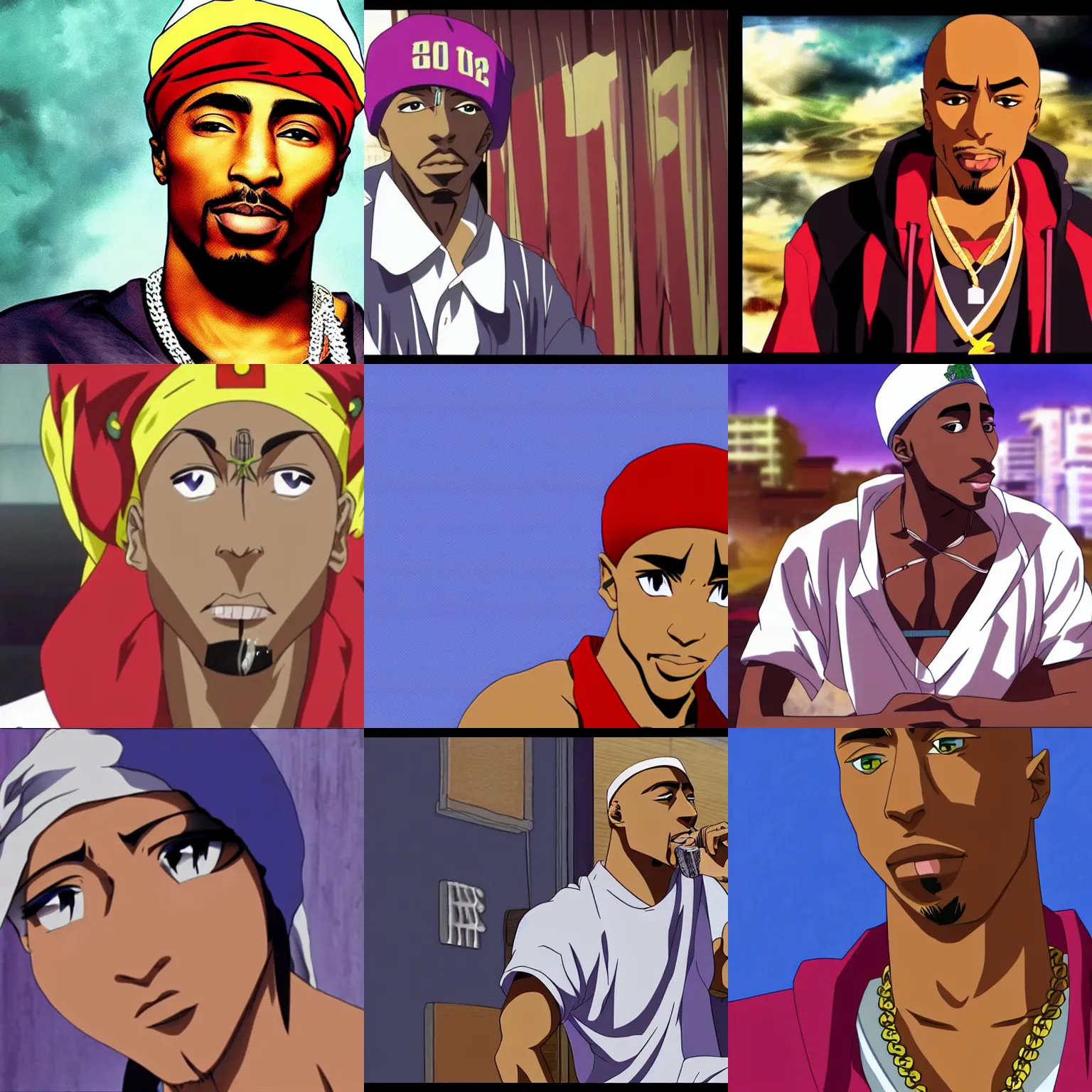 Image similar to Tupac Shakur, screenshot from a 2012s anime