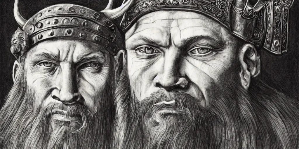 Image similar to realistic portrait of viking king with a wolf head as hat, 1450, ink, 8k, ultra realistic