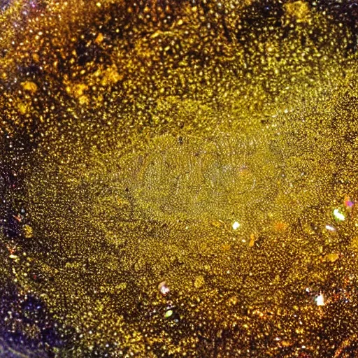 Image similar to a wet swirling mixture of gold paint and very colorful colored pigment particles glitter suspended in a turbulent liquid, captured in slow motion, crystal clear focus, macro photography lens closeup, slow-motion pour, dumpedpaint glittery, shimmering, speculars