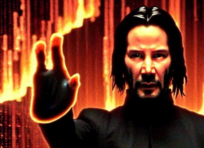 Image similar to Film still of Keanu Reeves as Neo in The Matrix movie doing a thumb up to the camera in front on burning servers, servers in flames in the background, doing a thumb up, The Matrix servers on fire, uncropped, full body, crispy, symmetrical face, ultra detailed, cinematic