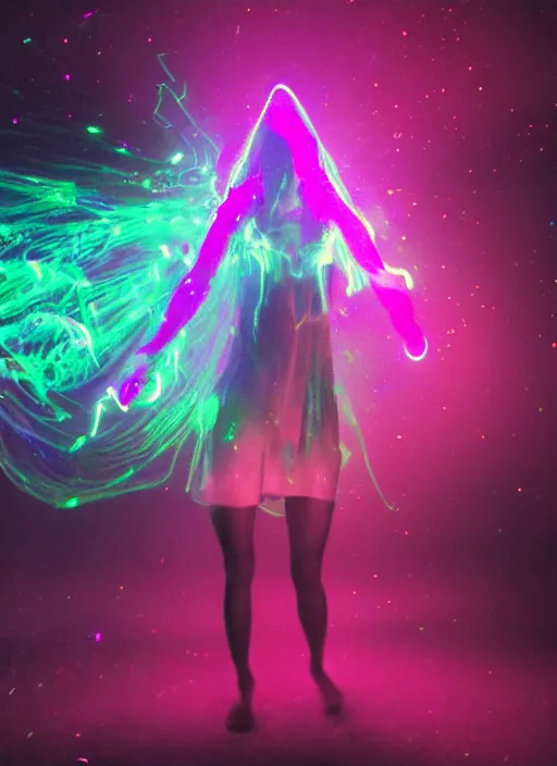 Image similar to female ascending, glowing third eye, particle glowing aura, motion blur, film grain, cinematic lighting, experimental film, shot on 1 6 mm, luminol light