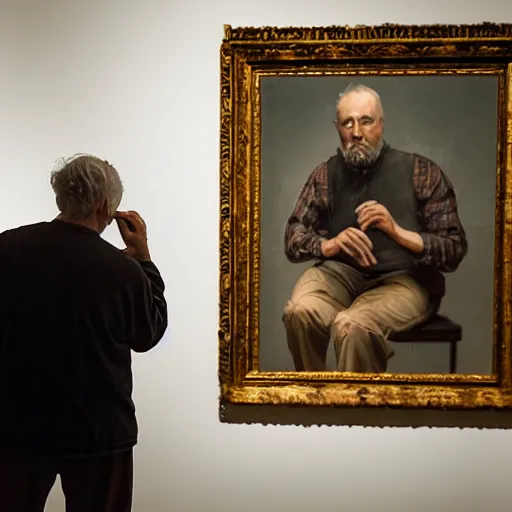 Prompt: Over the shoulder portrait of a middle-aged man staring at a painting in an art gallery. The painting he is looking at contains a person looking right back at him. Wide angle. Photorealistic. Dramatic lighting. Award winning photography. 35mm photograph.