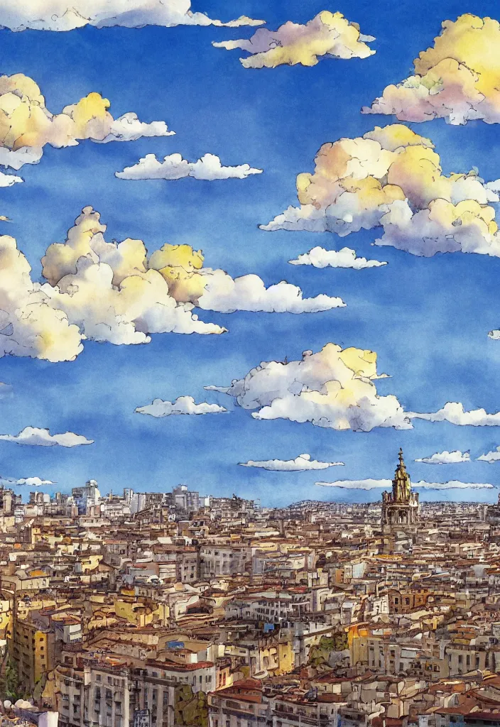 Image similar to madrid city, detailed clouds, sunbeams, heavenly color scheme, studio ghibli scheme