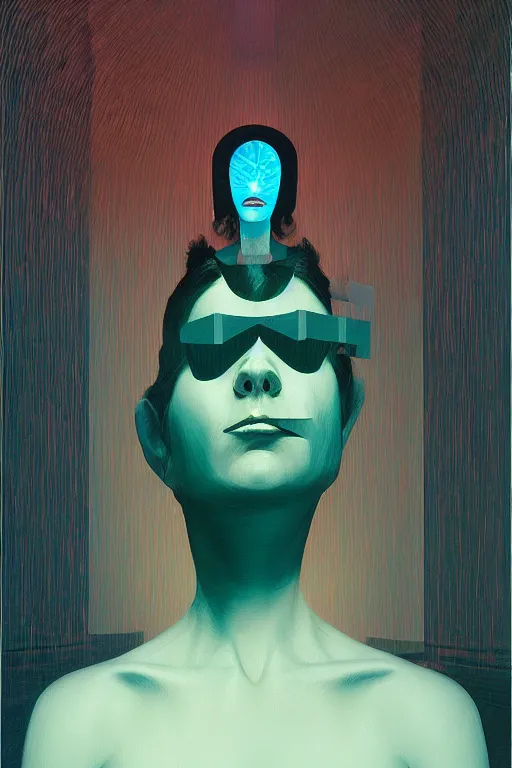 Image similar to woman wearing oculus and digital glitch head edward hopper and james gilleard, zdzislaw beksisnski, higly detailed