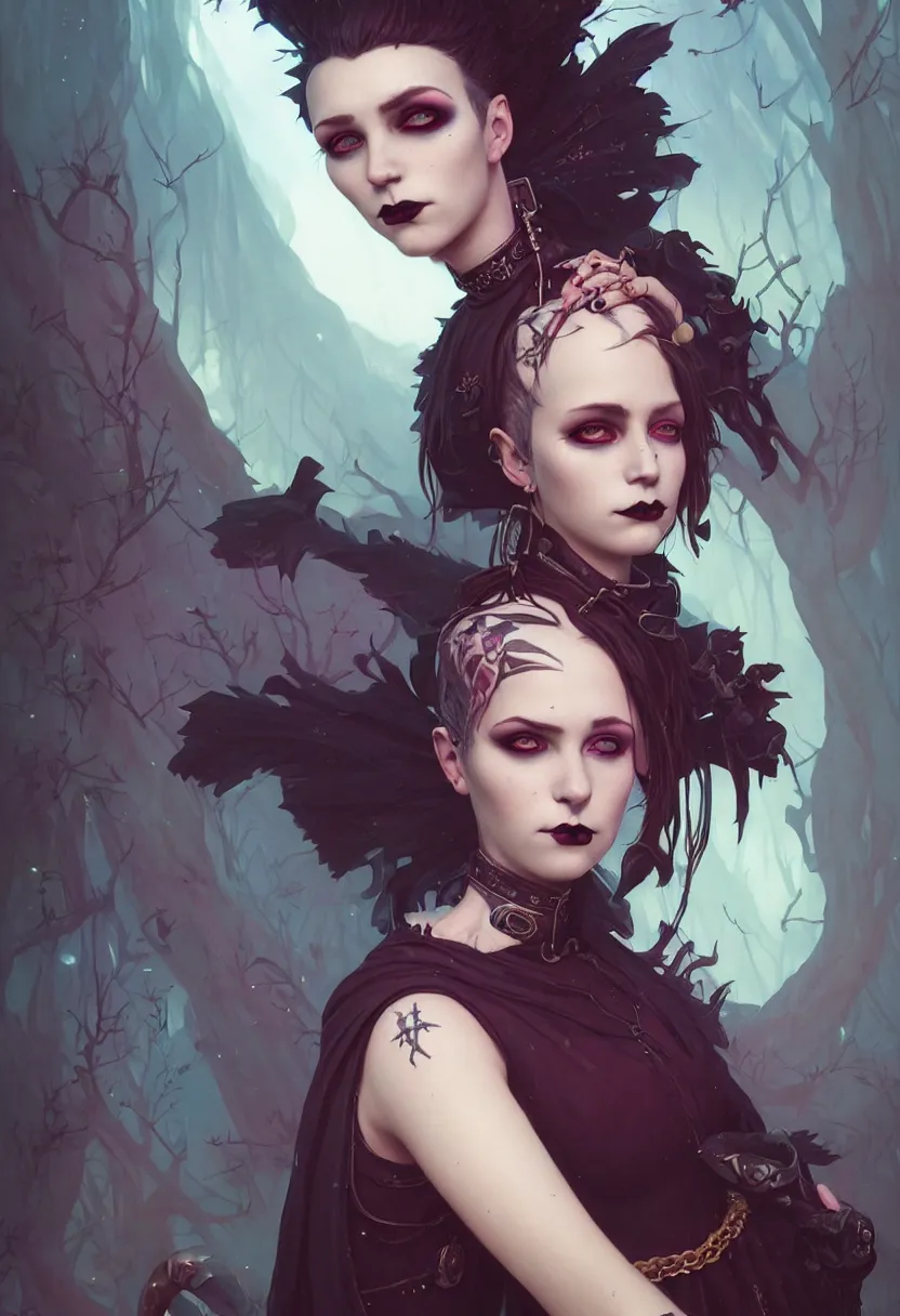 Image similar to beautiful portrait, goth girl, piercings collar, mohawk hairstyle, medieval dress. witch, makeup. unreal engine, greg rutkowski, loish, rhads, beeple, tom bagshaw, alphonse mucha, global illumination, detailed and intricate environment