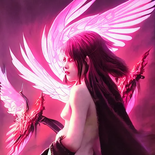 Image similar to young vampire princess with burning wings 4 k high definition colorful pink and black dramatic lighting artstation trending path traced contrast light and dark cinematic breathtaking by noriyoshi ohrai, patrick woodroffe, and hans zatzka