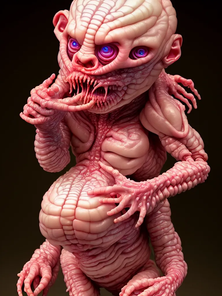 Prompt: hyperrealistic rendering, fat smooth cronenberg flesh monster albino baby by donato giancola and greg rutkowski and wayne barlow and zdzisław beksinski, product photography, action figure, sofubi, studio lighting, colored gels