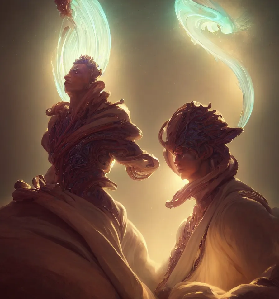 Image similar to portrait of a beautiful prince in robe. bio luminescent biomechanical halo around head. artwork by jarold Sng by artgerm, by Eddie Mendoza, by Peter mohrbacher by tooth wu, unreal engine, octane render, cinematic light, high details, iridescent colors, dichroic, macro