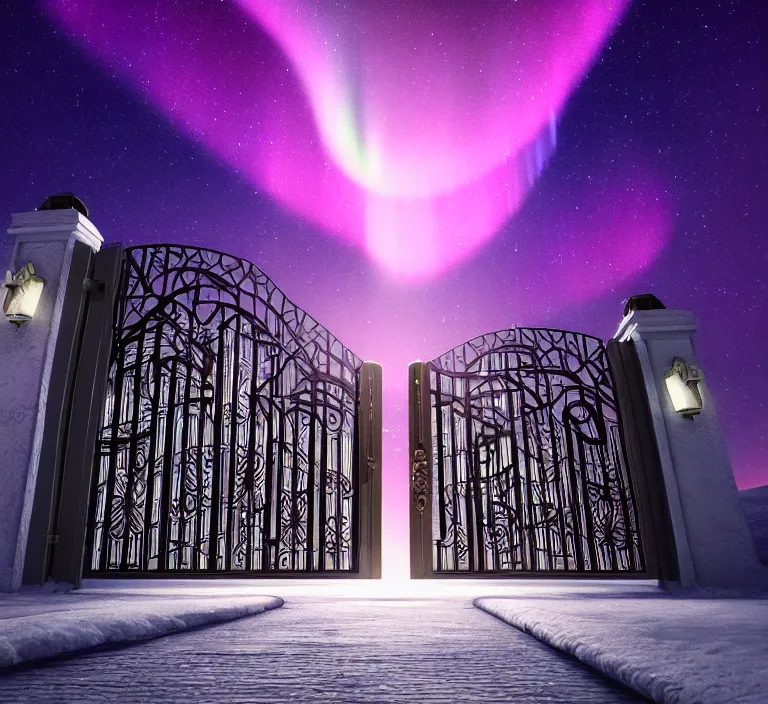 Prompt: a very detailed concept art of intricate and light gates to aurora borealis, trending on artstation, symmetry, digital art, 4 k, hyper realistic, octane render, sharp focus