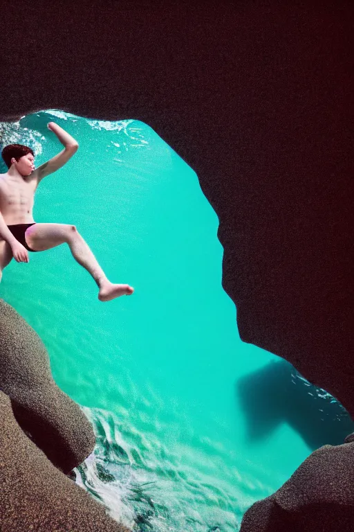Image similar to high quality pastel coloured film mid angle docu photograph of a beautiful young 2 0 year old male, soft features, short black hair, falling, jumping in an icelandic black rock pool environment. atmospheric. three point light. photographic. art directed. ( pastel colours ). volumetric light. clearcoat. waves glitch. 8 k. filmic.