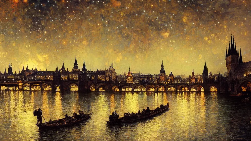 Image similar to a beautiful painting of the view from the river of london or prague during a fireworks festival, at night with a sky full of stars and fireworks, intricate, elegant, highly detailed, digital painting, artstation, concept art, by krenz cushart and artem demura and alphonse mucha