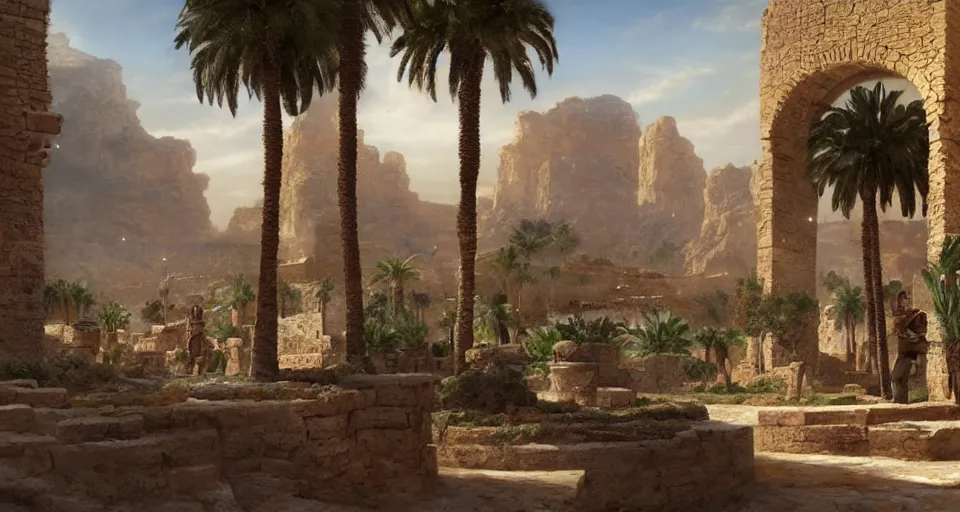 Prompt: highly detailed 4K fantasy matte painting of a lively roman stronghold fort in the mountain desert lush oasis palm trees water reflections guards standing on the walls looking out at the sahara digital art by Greg Rutkowski and Thomas Kinkade, trending on Artstation