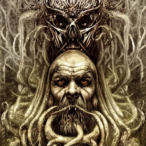 Image similar to viking north druid lich mermaid king wise old man god of death witch pagan face portrait, underwater, covered in runes, crown made of bones, necromancer, zdzisław beksinski, mikhail vrubel, hr giger, gustav klimt, symmetry, mystical occult symbol in real life, high detail