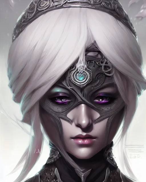 Image similar to portrait of an anime female drow necromancer, hd, illustration, epic, d & d, fantasy, intricate, elegant, highly detailed, digital painting, artstation, concept art, smooth, sharp focus, illustration, art by artgerm and greg rutkowski and alphonse mucha, monster hunter illustrations art book