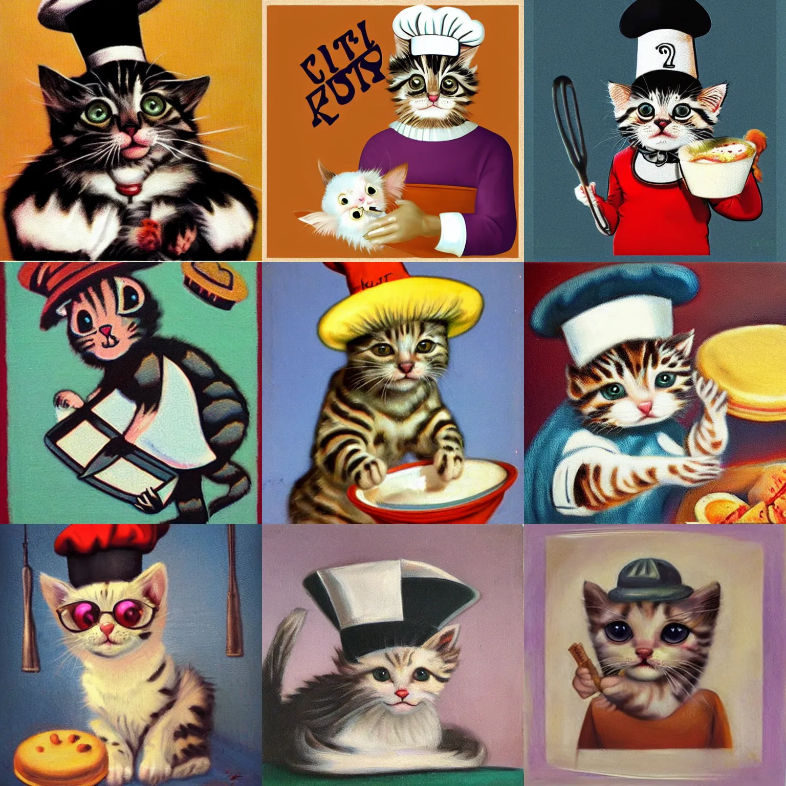 Prompt: retro realism art of a cute fuzzy kitten wearing a chef's hat