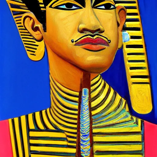 Prompt: Intricate five star Egytian Pharaoh facial portrait by Pablo Picasso, oil on canvas,high detail, matte finish, high contrast, 3d depth, masterpiece, vivid colors, artstationhd