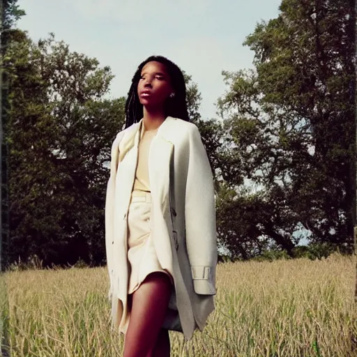 Prompt: realistic!!! photoshoot for a new dior lookbook, color film photography, portrait of a beautiful woman, location on a open field, in style of tyler mitchell, 35mm