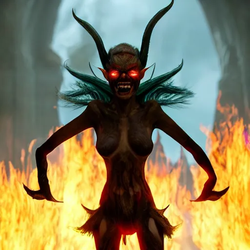 Prompt: a frightening, enraged elf with violet skin reflecting a fiery scene, a scarred face, a bob haircut, and bushy eyebrows, grinning, with hell aflame behind them, in the style of gary frank and rafael albuqurque, rendered in unreal engine