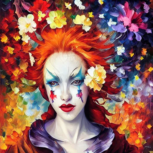 Prompt: flower clown by arthur adams, charlie bowater, leonid afremov, chiho ashima, karol bak, david bates, tom chambers