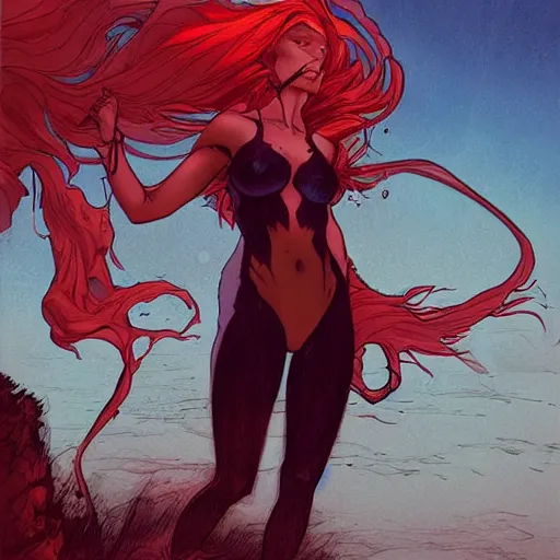 Image similar to a beautiful comic artwork by Jerome Opeña of a woman with red hair coming out of a lake at night, featured on artstation