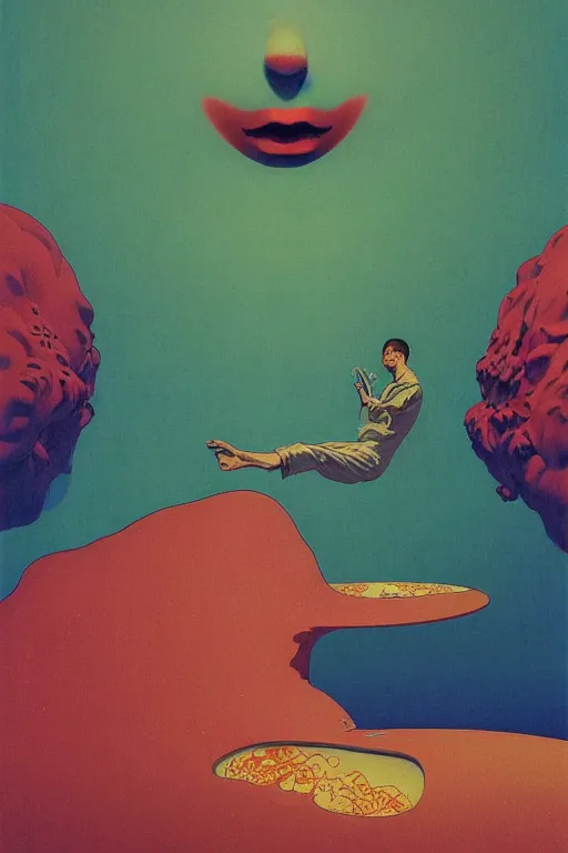 Image similar to man licks a tab of LSD acid on his tongue and experiences psychedelic hallucinations, by kawase hasui, moebius, Edward Hopper and James Gilleard, Zdzislaw Beksinski, Steven Outram colorful flat surreal design, hd, 8k, artstation