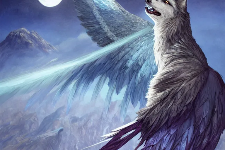 Image similar to Blue feathered wolf with wings on a beautiful fantasy landscape, hills, mountains, moonlit, HD, illustration, epic, D&D, fantasy, intricate, elegant, highly detailed, digital painting, artstation, concept art, smooth, sharp focus, illustration, wallpaper, art by artgerm and greg rutkowski and alphonse mucha and jin xiaodi