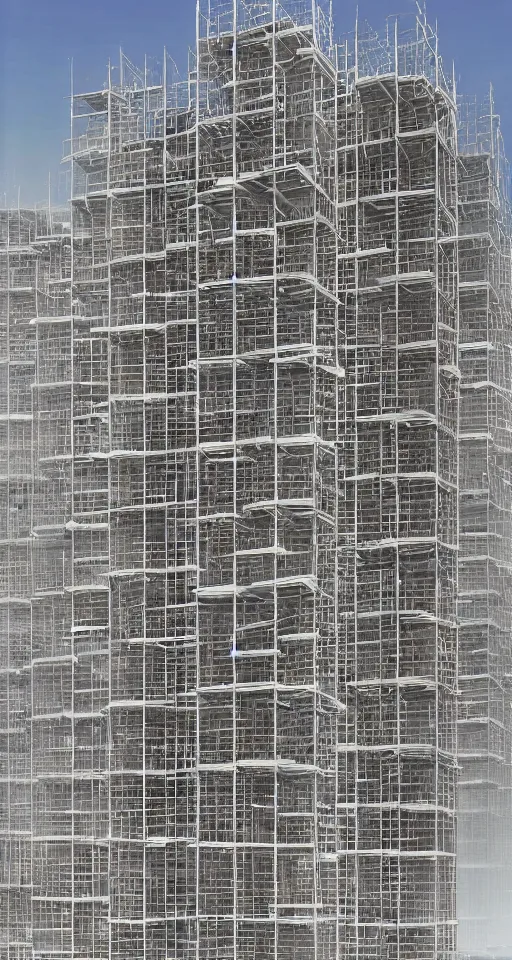 Prompt: 'they call em stacks' a column of stacked single wide mobile homes arranged 12 units high, reinforced steel structure scaffolding, futuristic technology by Jim Burns and Craig Mullins