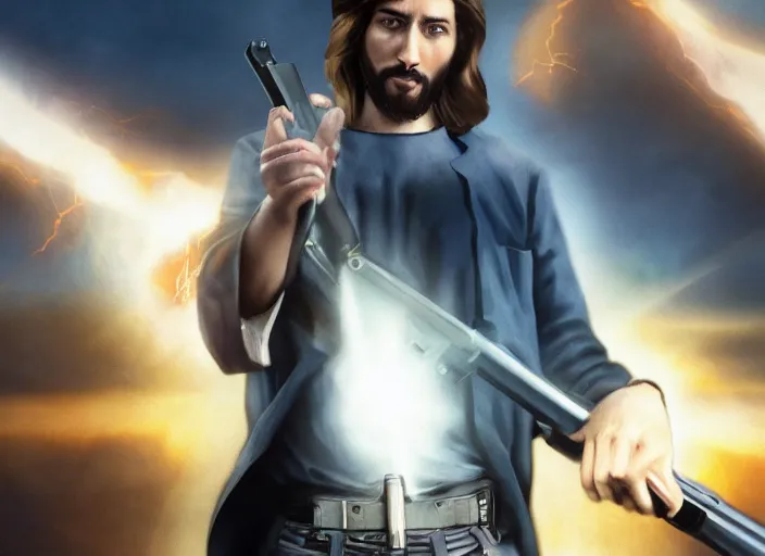 Image similar to real life photo of confident Jesus Christ holding a gun shooting the leader of Hell the Devil Hades, 8k, hyperrealistic, very detailed, clean, professional photography, epic composition, side profile, high contrast, sharp, upscaled, god rays, photorealistic render