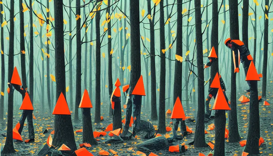 Prompt: safety cones scattered around an oak tree forest, by james jean by ilya kuvshinov kintsugi, hyper detailed surrealist painting