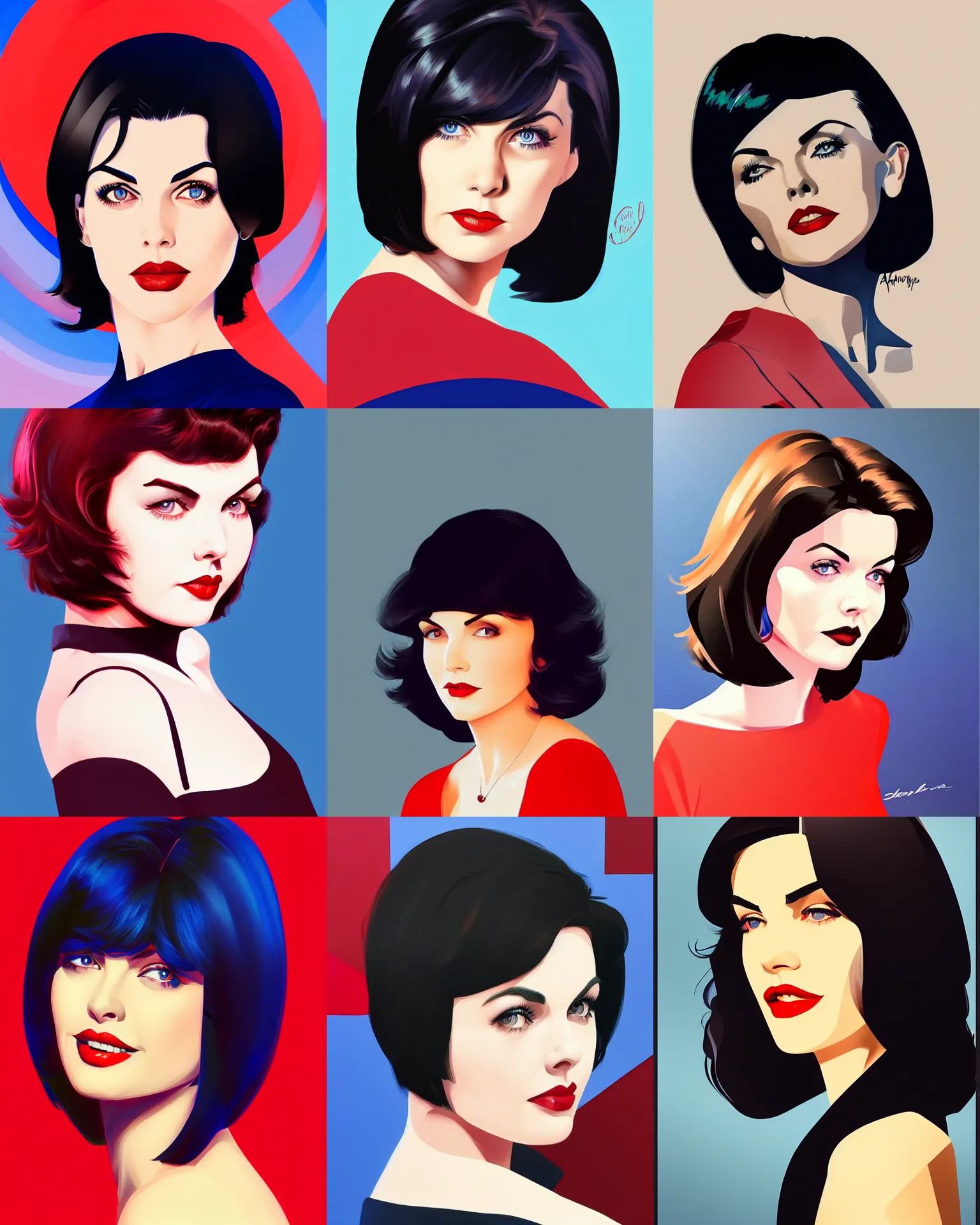 Prompt: sherilyn fenn 2 2 years old, bob haircut, portrait by stanley artgerm, dramatic lighting, ilya kuvshinov, trending on artstation, flat colour, geometric curves, gradient filter, red and blue black light