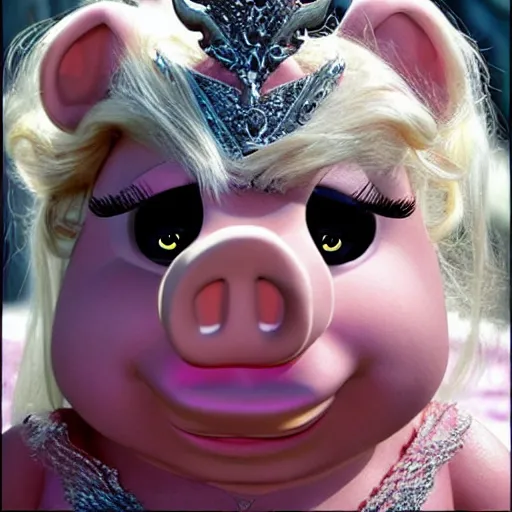 Image similar to ms. piggy playing khaleesi from game of thrones, hyper realistic image