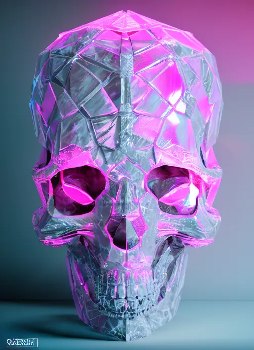 Image similar to photo of fullbodied baroque and bladerunner delicate neon diamond sculpture of seductive onyx albino marble prince kai harvatz dotado pink iridescent skull psychedelic, reclining, glowing magenta face, crown of white diamonds, cinematic lighting, photorealistic, octane render 8 k depth of field 3 d