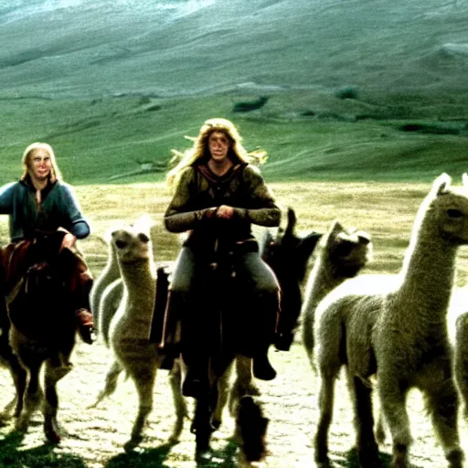 Image similar to still from lord of the rings showing the ride of the rohirrim, riding toward minas tirith on alpacas