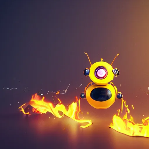 Prompt: full shot,a painting of cute robot bee with big eyes made of flame,Ford, Henry Justice,trending on artstation,3d octane render,High detail